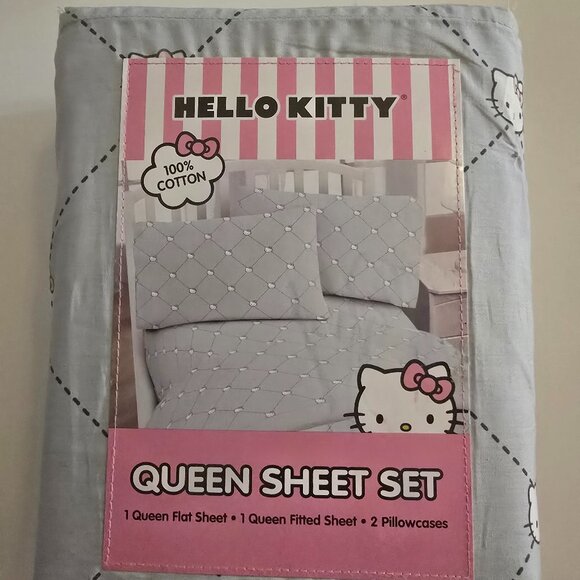 Hello Kitty Cotton Sheet Set (Grey Diamond, Queen) - Picture 1 of 4